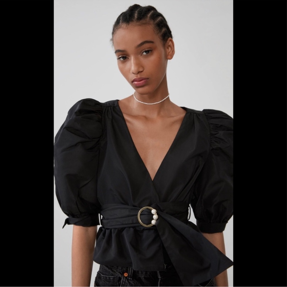 Zara Pearl Belted Puff Sleeve Nylon Blouse